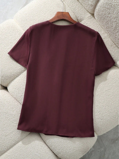Franclia Women's Elegant Mature Satin Blouses Burgundy Summer Work Casual Short Sleeve Loose Fit Fashion Shirt For Business Office Wear Ladies Teachers' Day