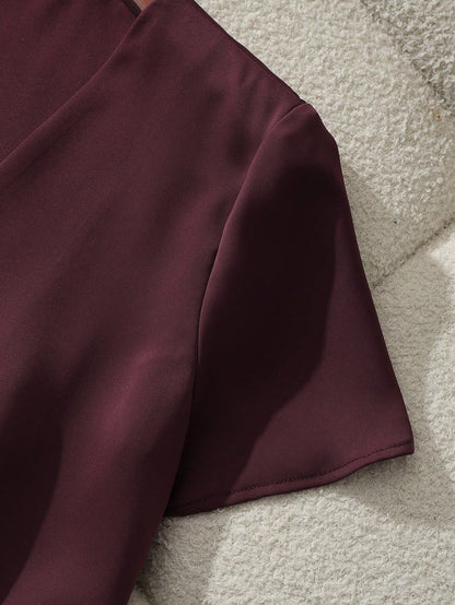 Franclia Women's Elegant Mature Satin Blouses Burgundy Summer Work Casual Short Sleeve Loose Fit Fashion Shirt For Business Office Wear Ladies Teachers' Day
