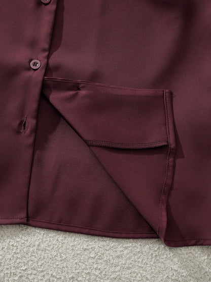 Franclia Women's Elegant Mature Satin Blouses Burgundy Summer Work Casual Short Sleeve Loose Fit Fashion Shirt For Business Office Wear Ladies Teachers' Day