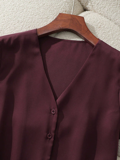 Franclia Women's Elegant Mature Satin Blouses Burgundy Summer Work Casual Short Sleeve Loose Fit Fashion Shirt For Business Office Wear Ladies Teachers' Day