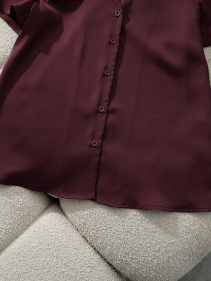 Franclia Women's Elegant Mature Satin Blouses Burgundy Summer Work Casual Short Sleeve Loose Fit Fashion Shirt For Business Office Wear Ladies Teachers' Day