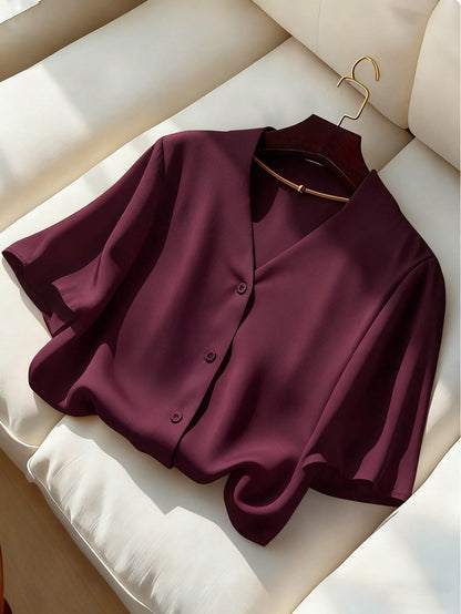 Franclia Women's Elegant Mature Satin Blouses Burgundy Summer Work Casual Short Sleeve Loose Fit Fashion Shirt For Business Office Wear Ladies Teachers' Day