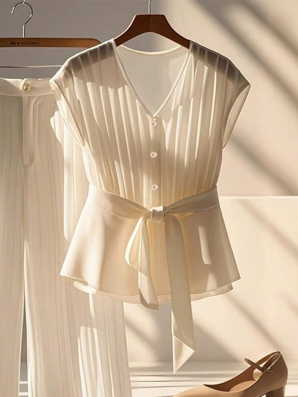 Franclia Women's Elegant Pleated V-Neck Tie Front Short Sleeve Blouse, Spring