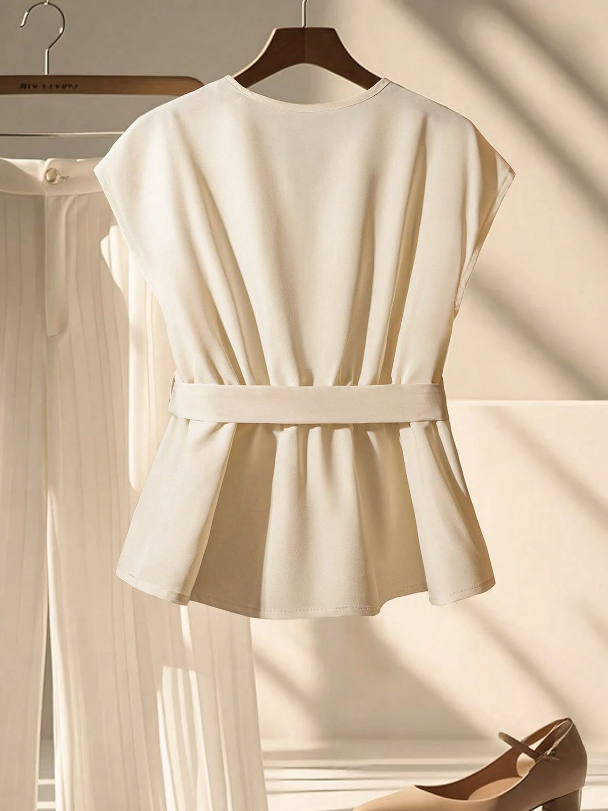 Franclia Women's Elegant Pleated V-Neck Tie Front Short Sleeve Blouse, Spring