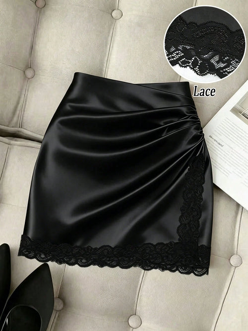 Franclia Women's Fashion Lace Patchwork Pleated Mini Skirt