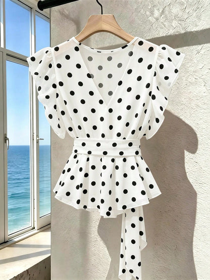Franclia Women's French Polka Dot V-Neck Premium Mesh Sleeveless Blouse, Fashionable Tie-Up Flutter Sleeve Chiffon Tank Top