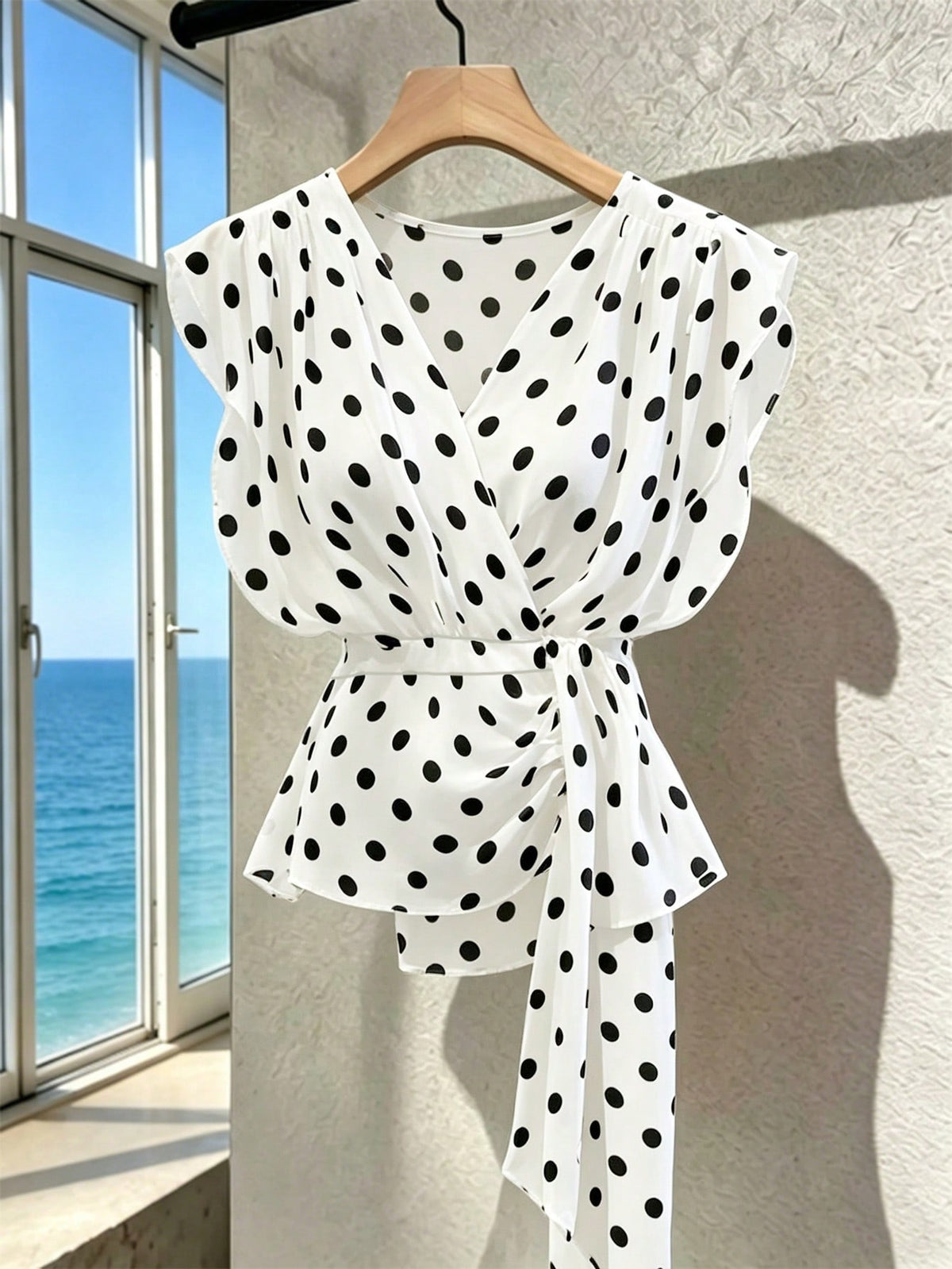 Franclia Women's French Polka Dot V-Neck Premium Mesh Sleeveless Blouse, Fashionable Tie-Up Flutter Sleeve Chiffon Tank Top