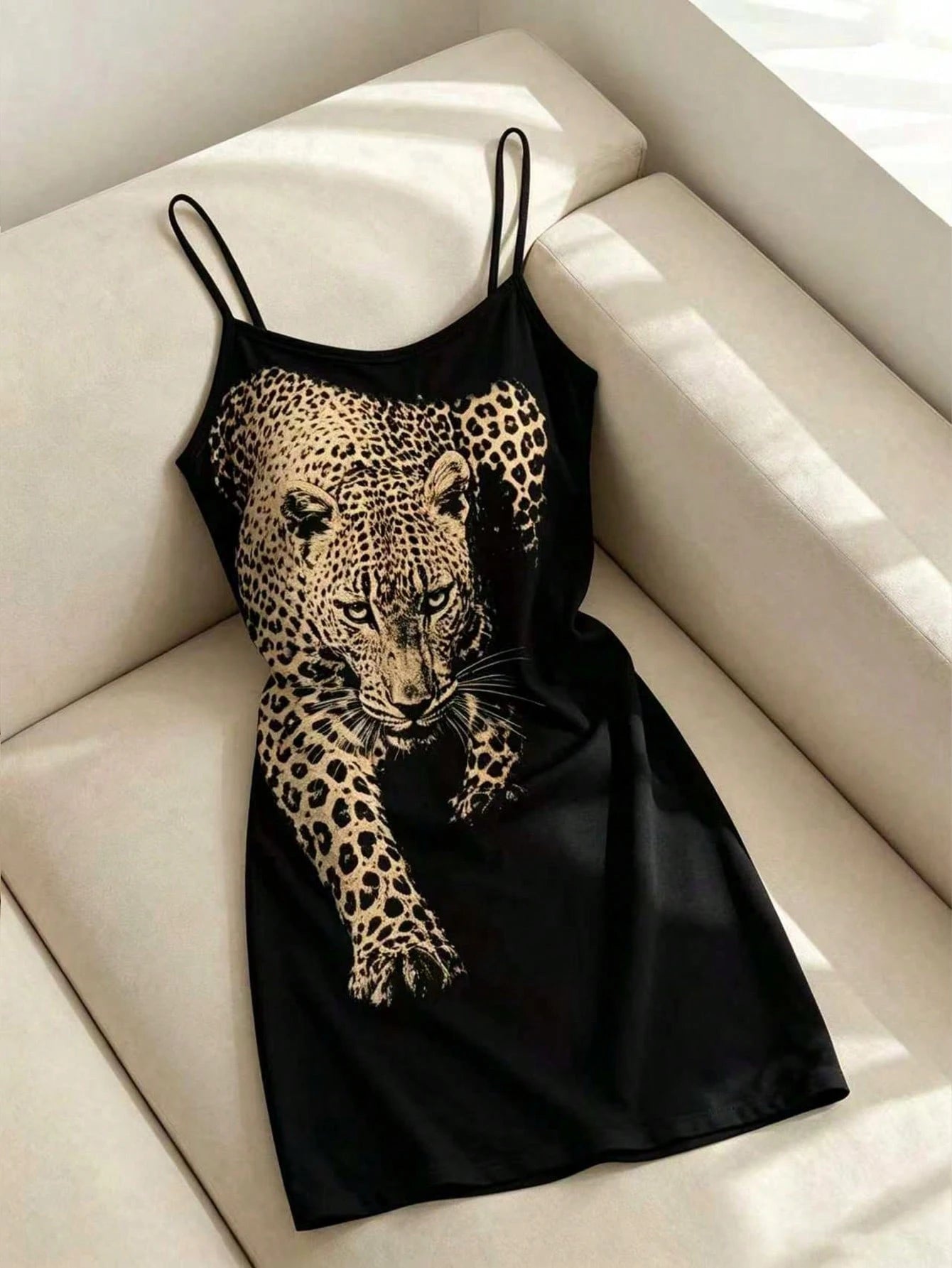 Franclia Women's Leopard Print Casual Spaghetti Strap Dress