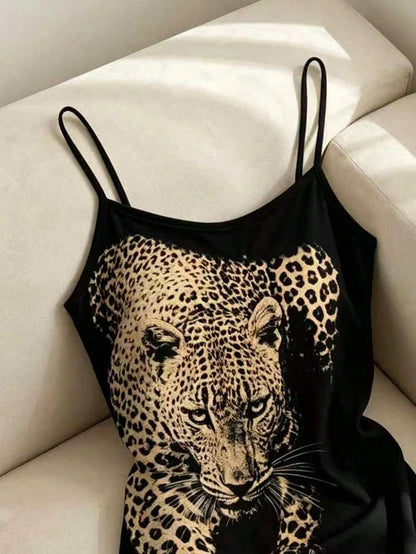 Franclia Women's Leopard Print Casual Spaghetti Strap Dress