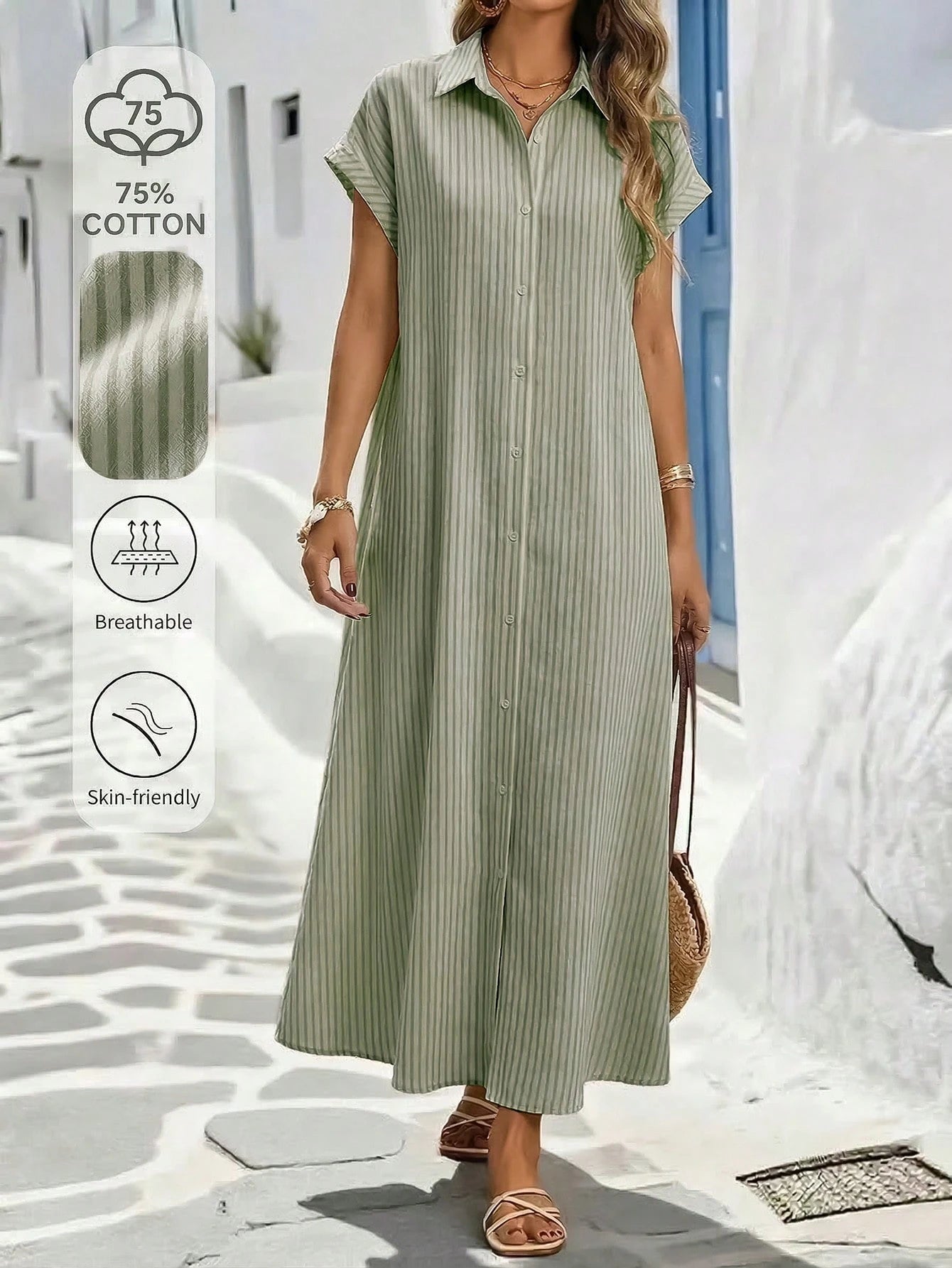 Franclia Women's Lightweight Striped Short Sleeve Dress, Vintage Style