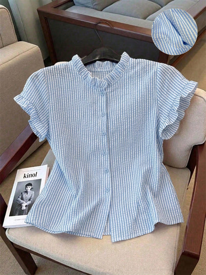 Franclia Women's Ruffle Collar Short Sleeve Single-Breasted Striped Shirt