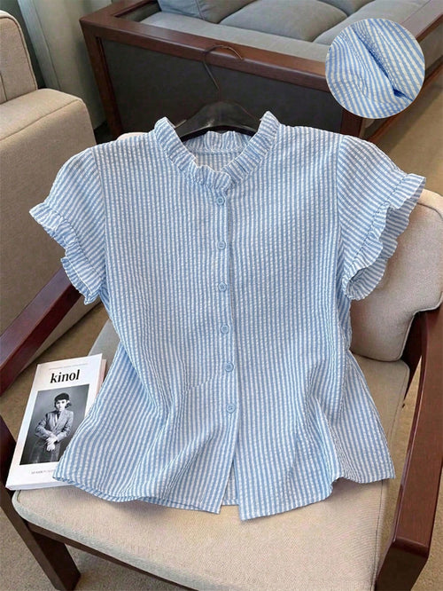 Franclia Women's Ruffle Collar Short Sleeve Single-Breasted Striped Shirt