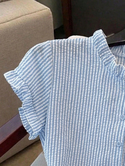 Franclia Women's Ruffle Collar Short Sleeve Single-Breasted Striped Shirt
