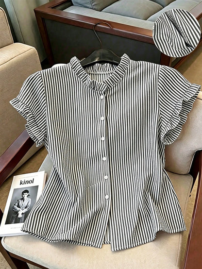 Franclia Women's Ruffle Collar Short Sleeve Single-Breasted Striped Shirt