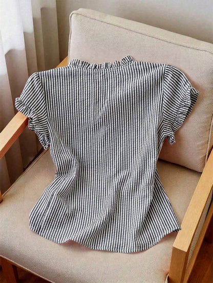Franclia Women's Ruffle Collar Short Sleeve Single-Breasted Striped Shirt