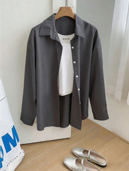 Franclia Women's Solid Color Single-Breasted Casual Loose Long Sleeve Shirt