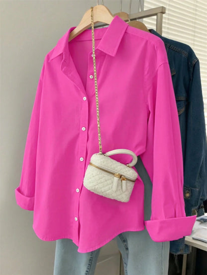 Franclia Women's Solid Color Single-Breasted Casual Loose Long Sleeve Shirt