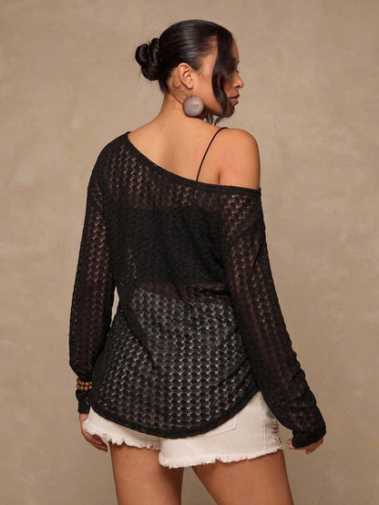 Freevana Plus Size Hollow Knit T-Shirt Bohemian Style