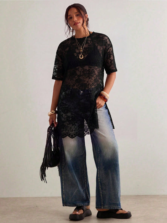 Freevana Plus Size Romantic Vintage Bohemian Lace Floral Print Short Sleeve Pullover Top, Longline Top, Early Summer New Arrival, Suitable For Valentine's Day, Music Festivals And Other Occasions.