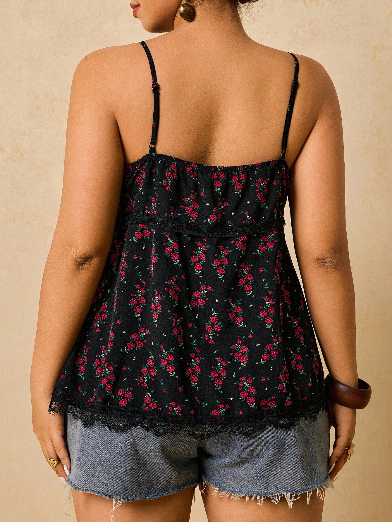 Freevana Plus Size Women Rose Floral Lace Patchwork Camisole Top, Romantic Boho For Vacation Date Vacation Black Summer