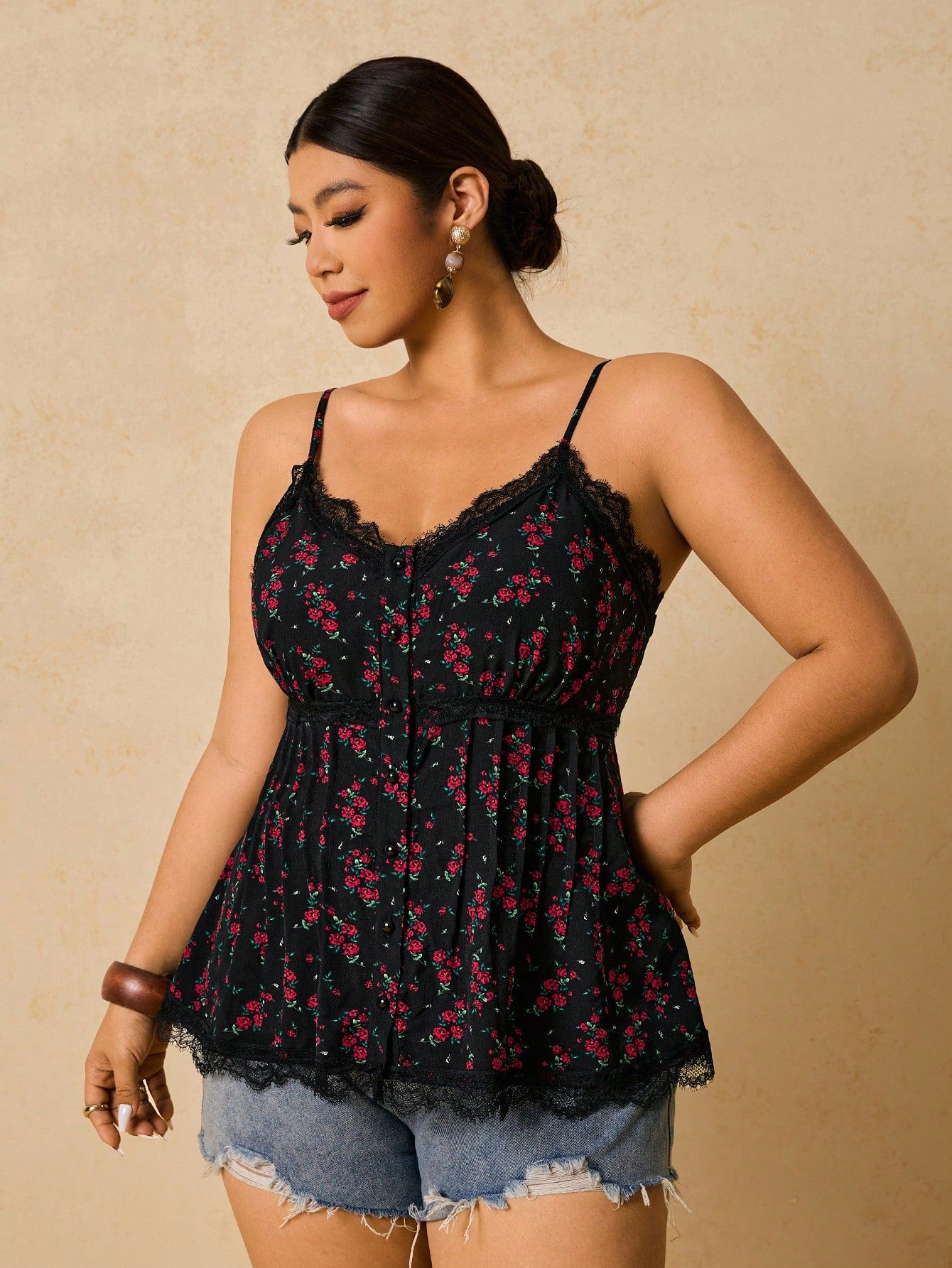 Freevana Plus Size Women Rose Floral Lace Patchwork Camisole Top, Romantic Boho For Vacation Date Vacation Black Summer