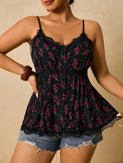 Freevana Plus Size Women Rose Floral Lace Patchwork Camisole Top, Romantic Boho For Vacation Date Vacation Black Summer