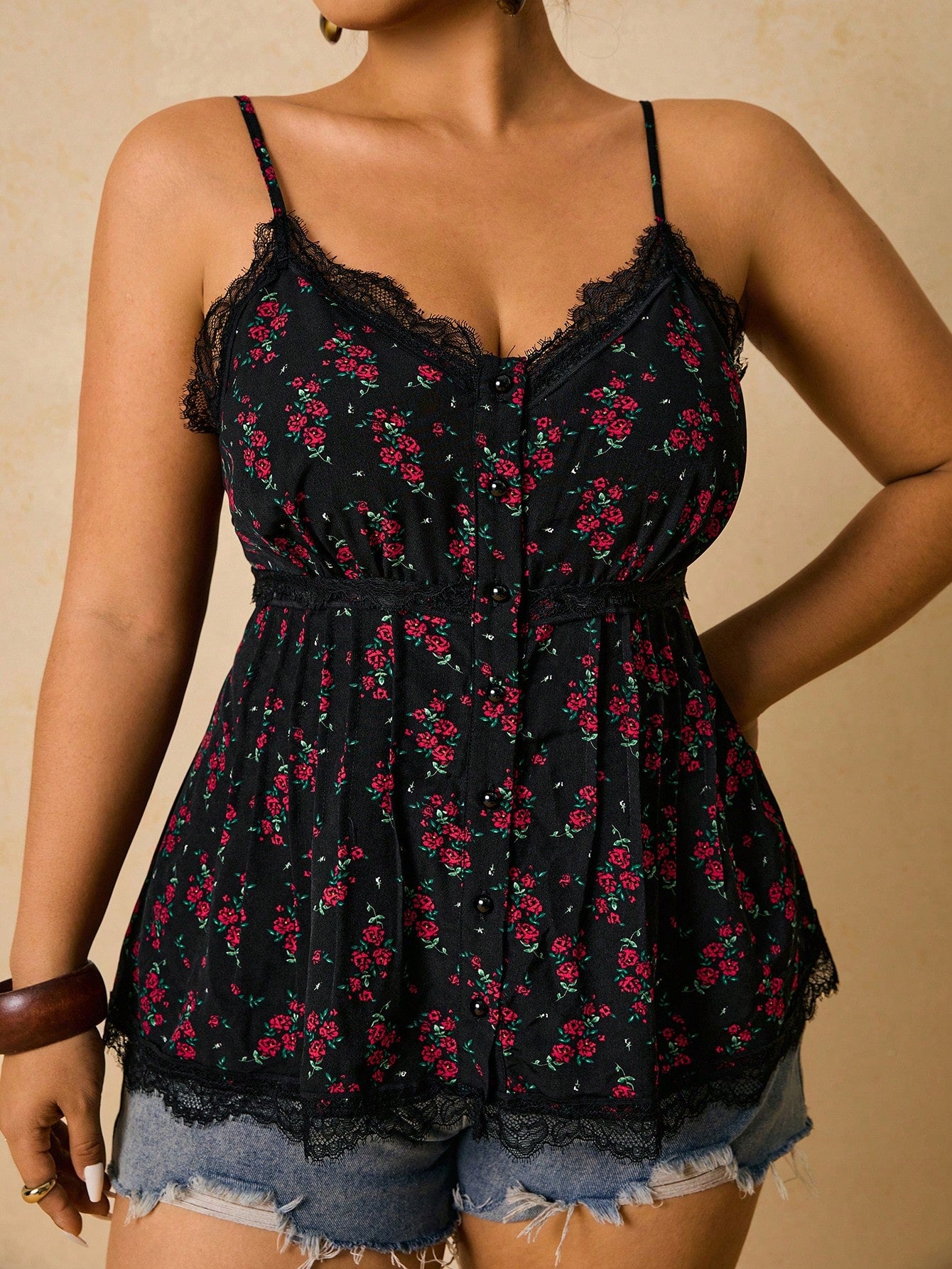 Freevana Plus Size Women Rose Floral Lace Patchwork Camisole Top, Romantic Boho For Vacation Date Vacation Black Summer