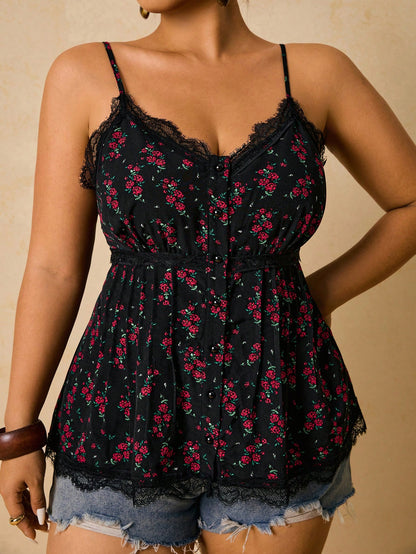 Freevana Plus Size Women Rose Floral Lace Patchwork Camisole Top, Romantic Boho For Vacation Date Vacation Black Summer