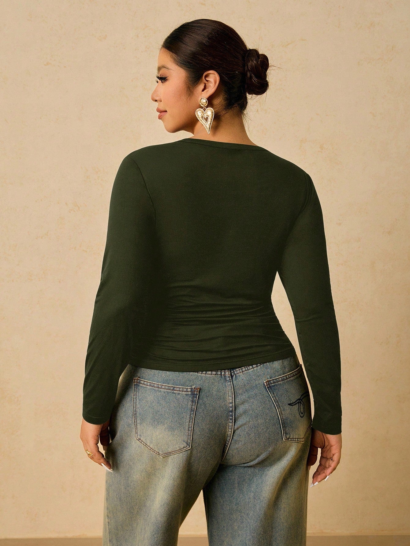 Freevana Plus Size Women's Dark Green Long Sleeve Round Neck Thermal Base Layer, Ruched Waist T-Shirt Office Summer Smart Casual Winter