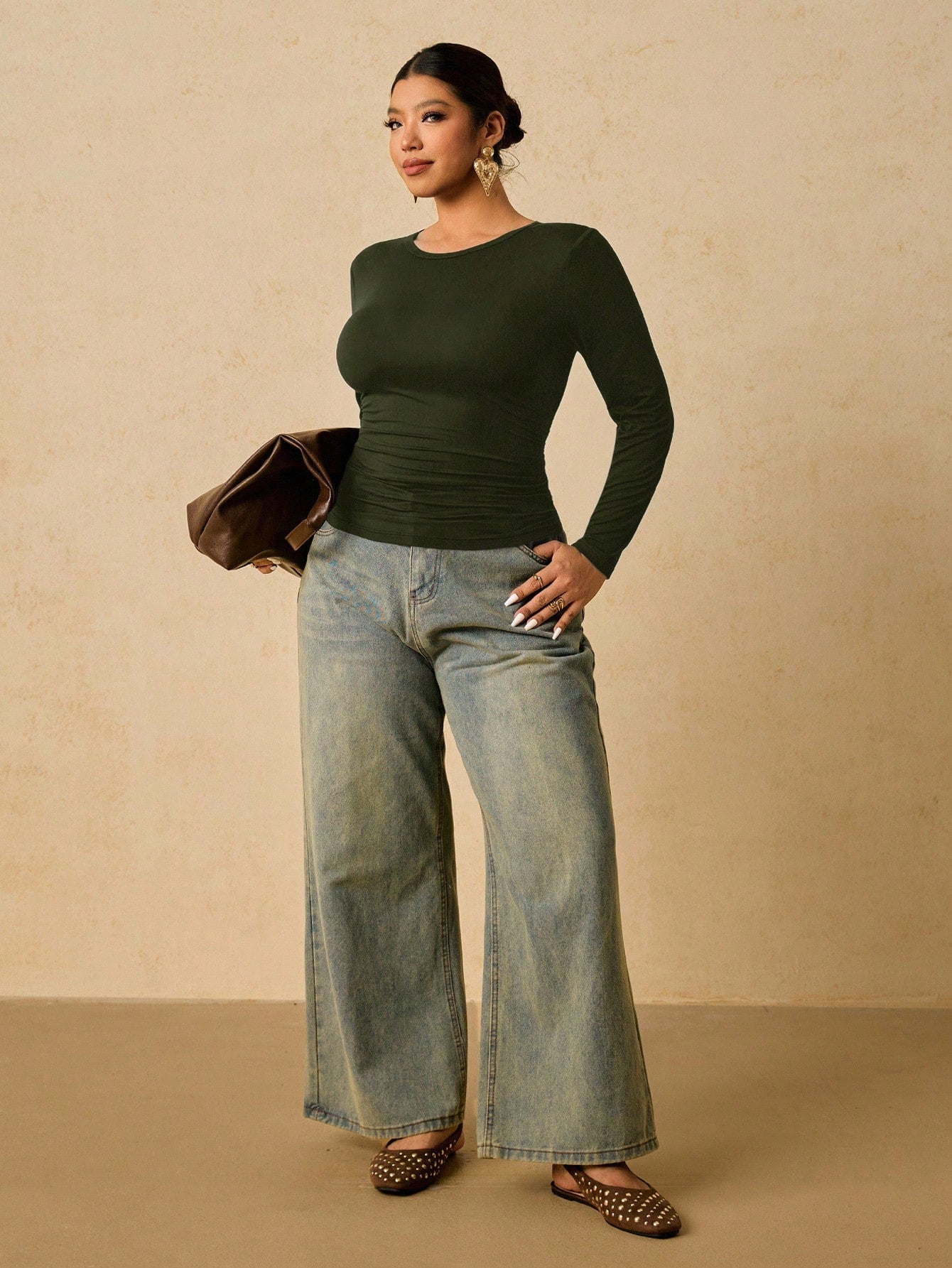 Freevana Plus Size Women's Dark Green Long Sleeve Round Neck Thermal Base Layer, Ruched Waist T-Shirt Office Summer Smart Casual Winter