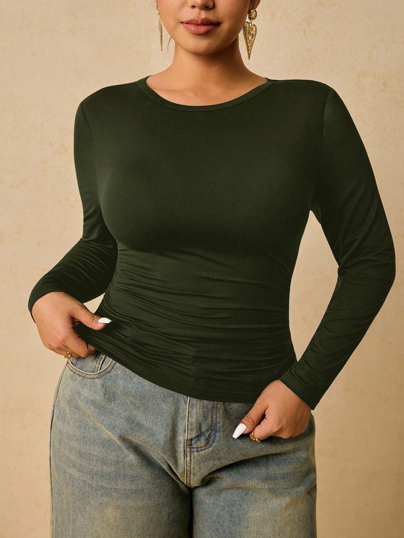 Freevana Plus Size Women's Dark Green Long Sleeve Round Neck Thermal Base Layer, Ruched Waist T-Shirt Office Summer Smart Casual Winter