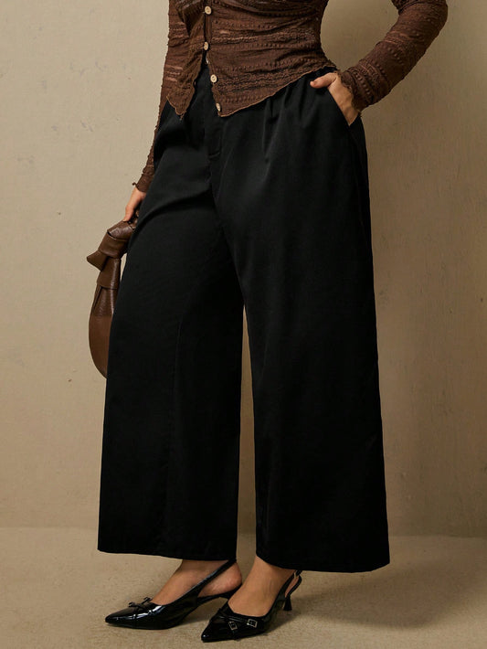 Freevana Women's Plus Size Black High Waisted Pleated Wide Leg Suit Pants With Front And Back Pockets Teachers' Day Office Casual Fall Winter 2026