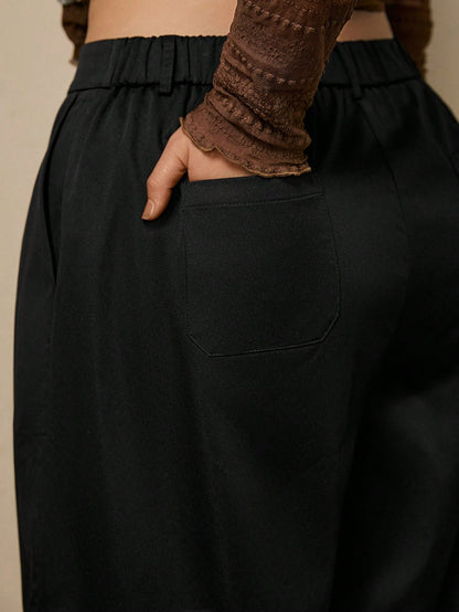 Freevana Women's Plus Size Black High Waisted Pleated Wide Leg Suit Pants With Front And Back Pockets Teachers' Day Office Casual Fall Winter 2026