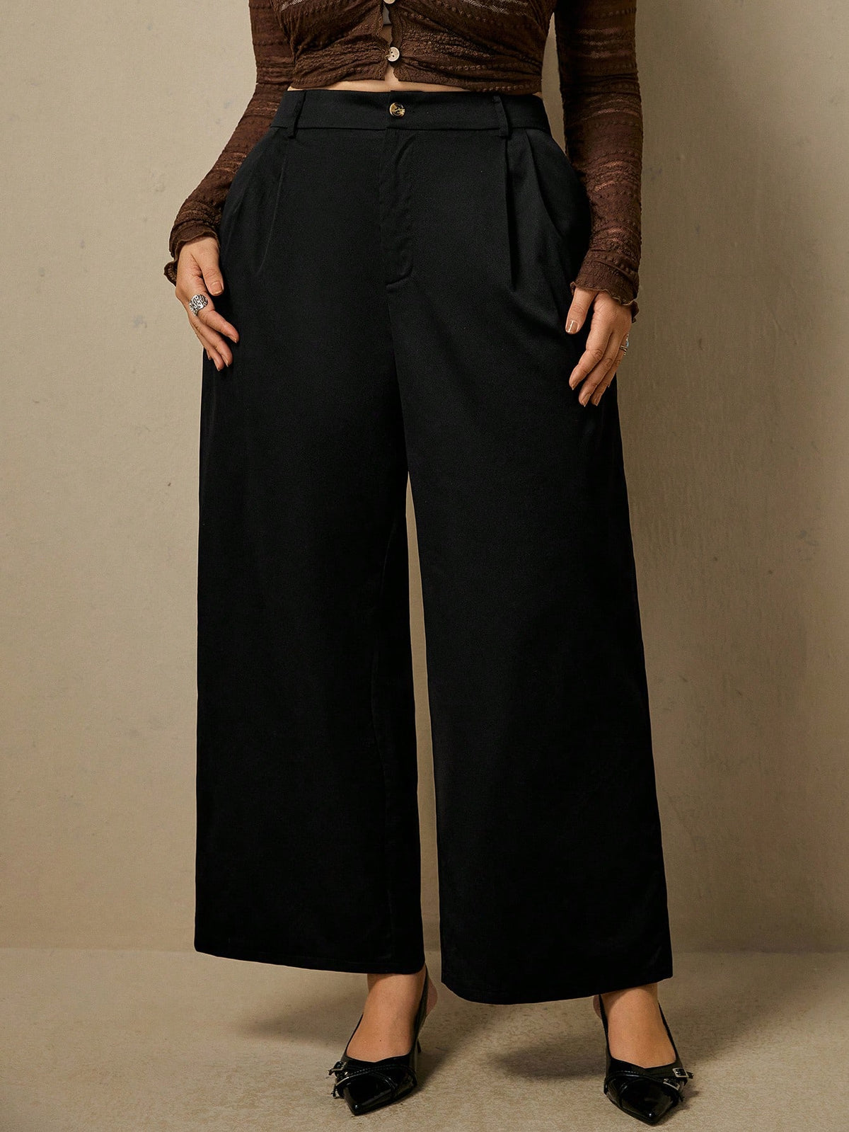 Freevana Women's Plus Size Black High Waisted Pleated Wide Leg Suit Pants With Front And Back Pockets Teachers' Day Office Casual Fall Winter 2026