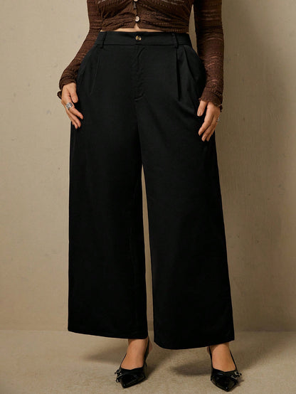 Freevana Women's Plus Size Black High Waisted Pleated Wide Leg Suit Pants With Front And Back Pockets Teachers' Day Office Casual Fall Winter 2026