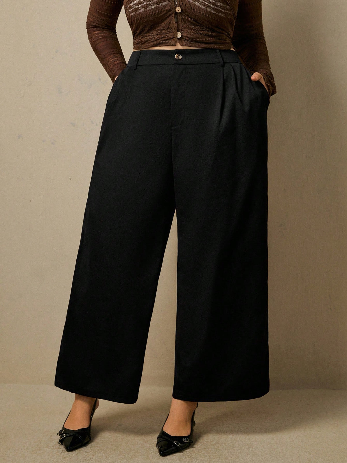 Freevana Women's Plus Size Black High Waisted Pleated Wide Leg Suit Pants With Front And Back Pockets Teachers' Day Office Casual Fall Winter 2026
