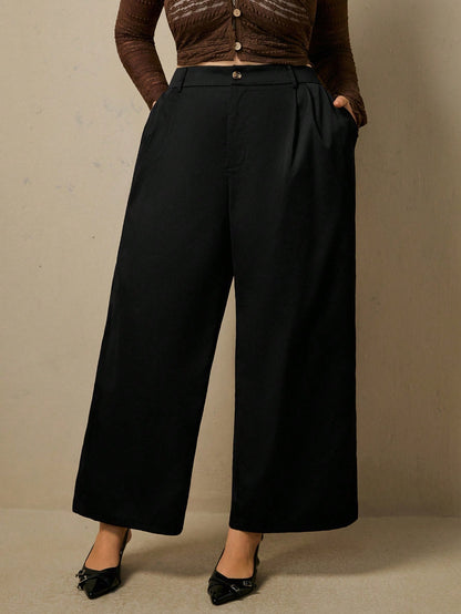 Freevana Women's Plus Size Black High Waisted Pleated Wide Leg Suit Pants With Front And Back Pockets Teachers' Day Office Casual Fall Winter 2026