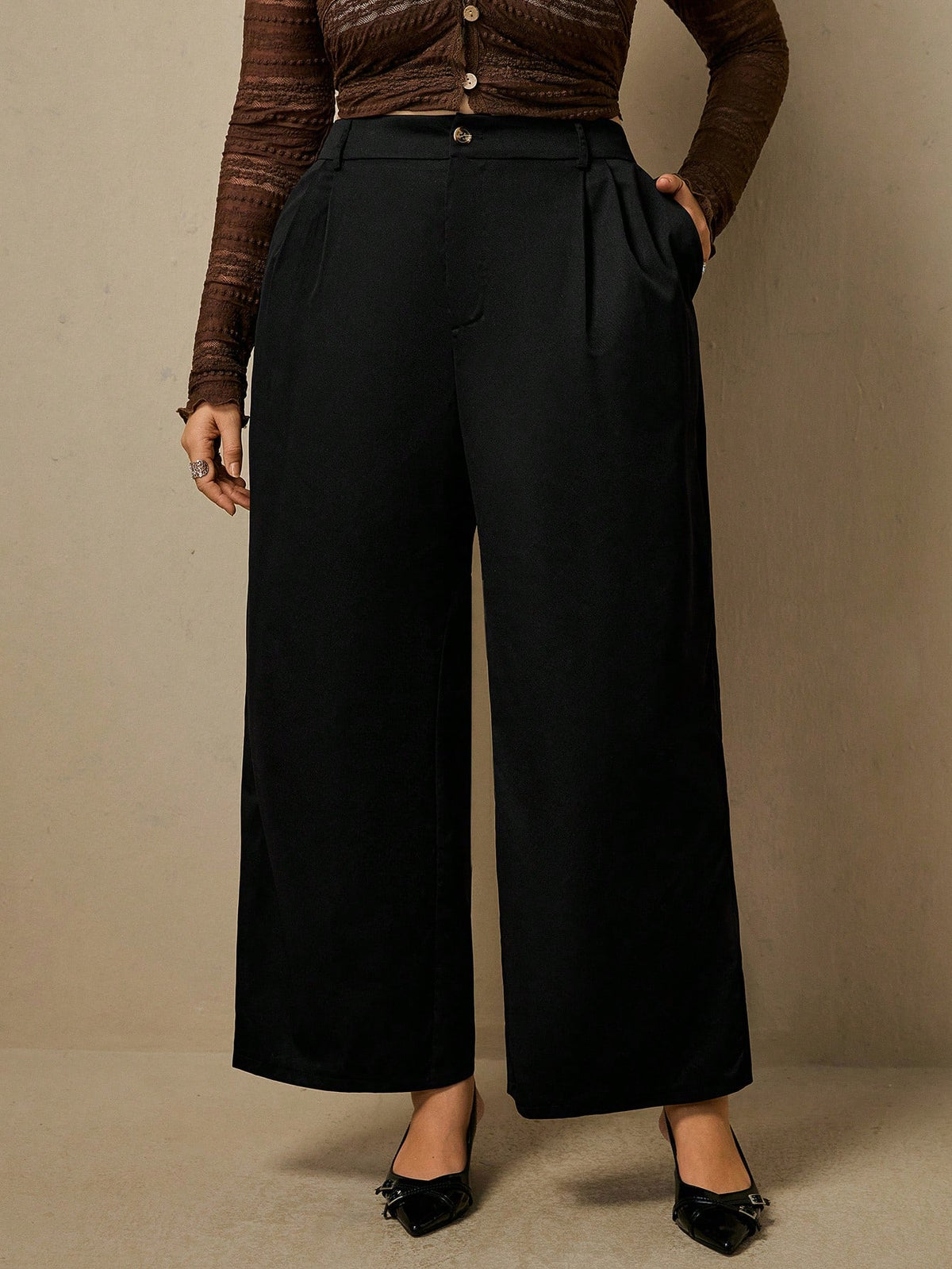 Freevana Women's Plus Size Black High Waisted Pleated Wide Leg Suit Pants With Front And Back Pockets Teachers' Day Office Casual Fall Winter 2026