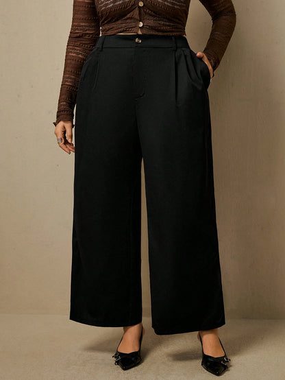 Freevana Women's Plus Size Black High Waisted Pleated Wide Leg Suit Pants With Front And Back Pockets Teachers' Day Office Casual Fall Winter 2026