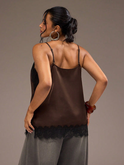 Freevana Women's Plus Size V-Neck Spaghetti Strap Brown Lace Patchwork Satin Elegant Romantic Home & Outing Camisole Tank Top Spring Summer Autumn Layering Top