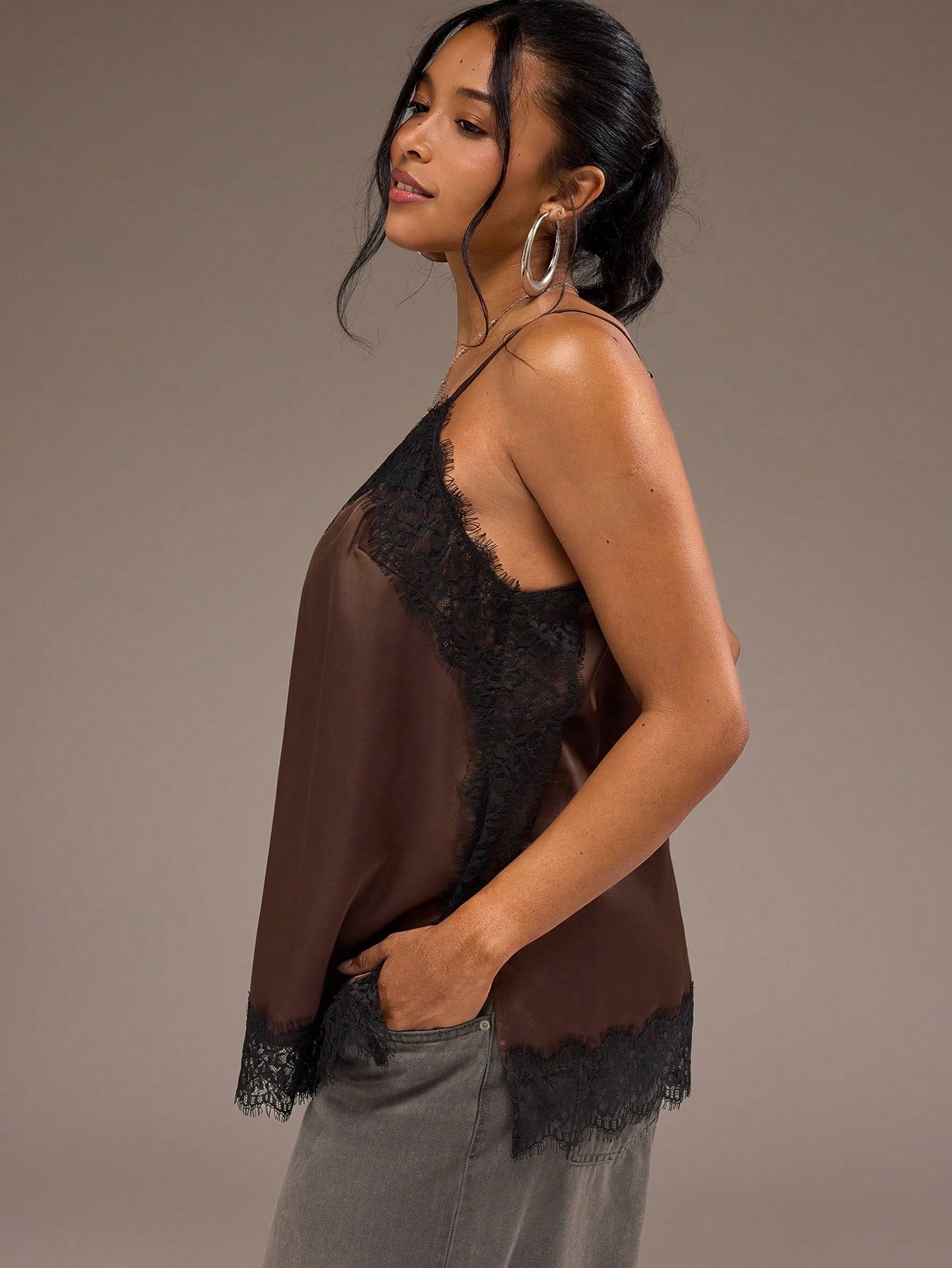 Freevana Women's Plus Size V-Neck Spaghetti Strap Brown Lace Patchwork Satin Elegant Romantic Home & Outing Camisole Tank Top Spring Summer Autumn Layering Top