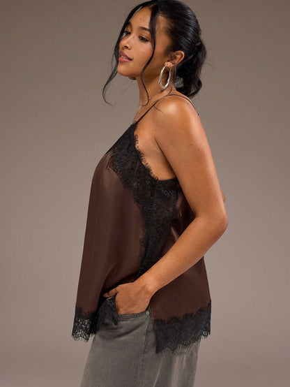 Freevana Women's Plus Size V-Neck Spaghetti Strap Brown Lace Patchwork Satin Elegant Romantic Home & Outing Camisole Tank Top Spring Summer Autumn Layering Top
