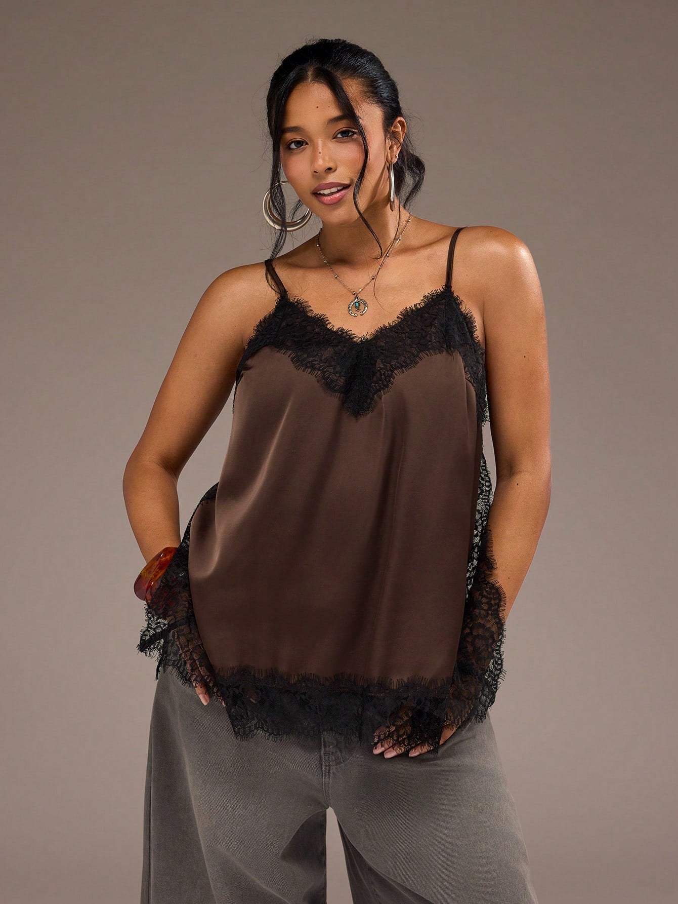 Freevana Women's Plus Size V-Neck Spaghetti Strap Brown Lace Patchwork Satin Elegant Romantic Home & Outing Camisole Tank Top Spring Summer Autumn Layering Top