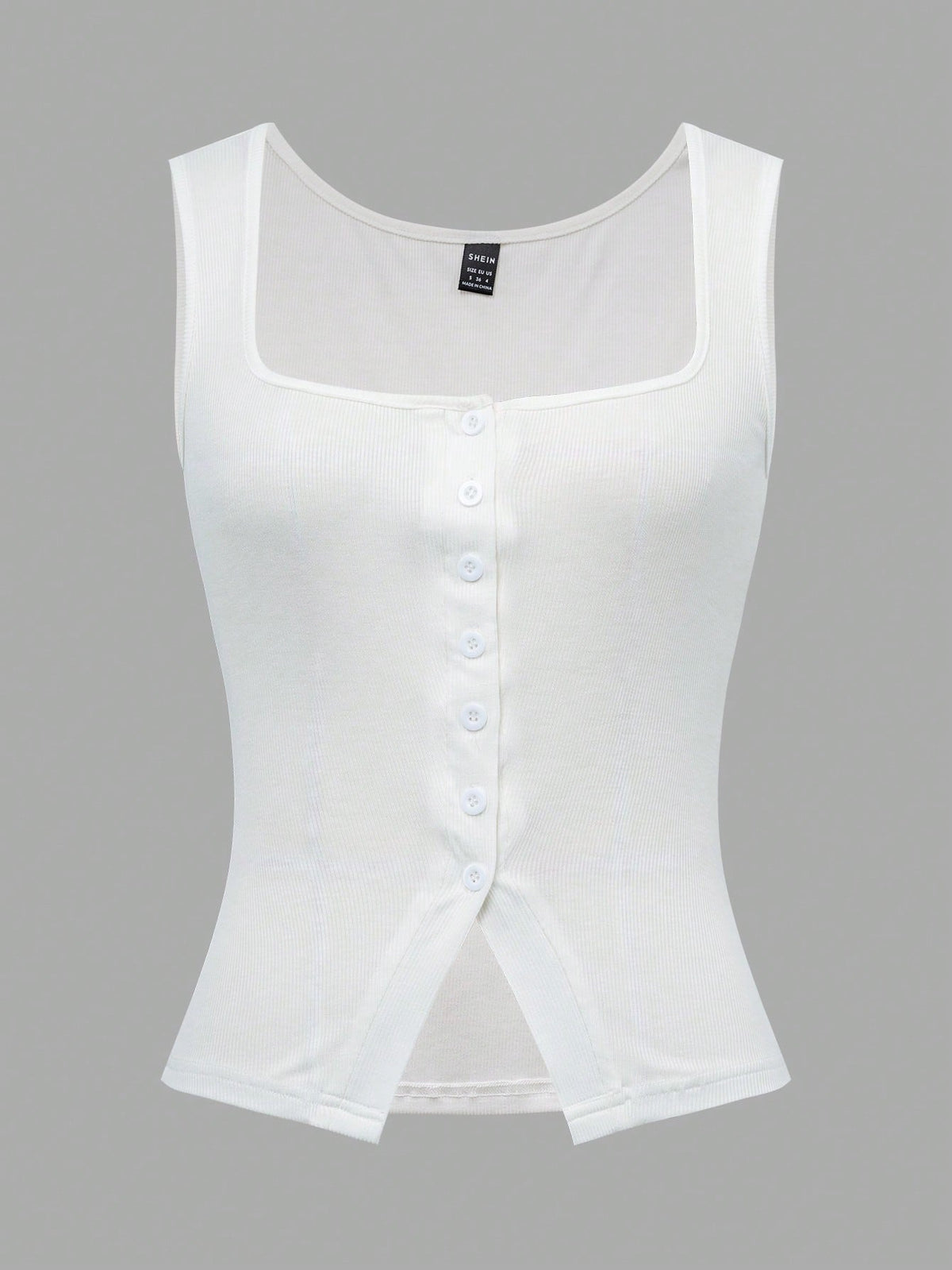 French Style Square Neck Sleeveless Slit Knit White Tank Top For Women, Slim-Fit, Sexy Design, For Summer