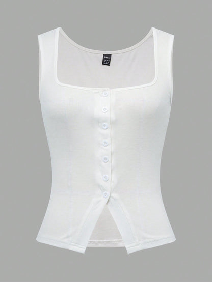 French Style Square Neck Sleeveless Slit Knit White Tank Top For Women, Slim-Fit, Sexy Design, For Summer