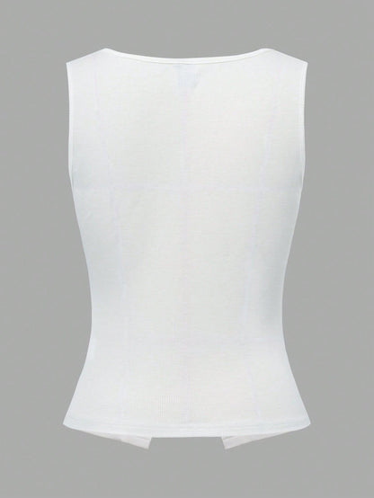 French Style Square Neck Sleeveless Slit Knit White Tank Top For Women, Slim-Fit, Sexy Design, For Summer