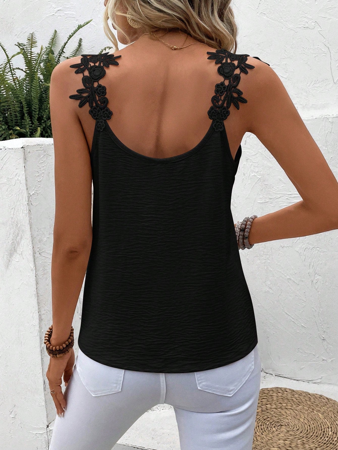 Frenchy Guipure Lace Black Grain Panel Tank Top Summer Casual