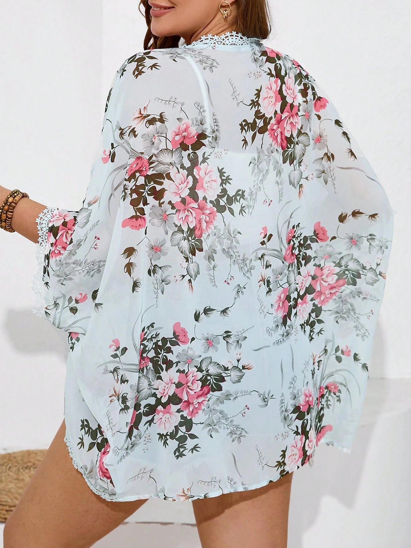 Frenchy Plus Size Summer Floral Printed Lace Trim Kimono Country Festival Outfits Beach Women Outfits