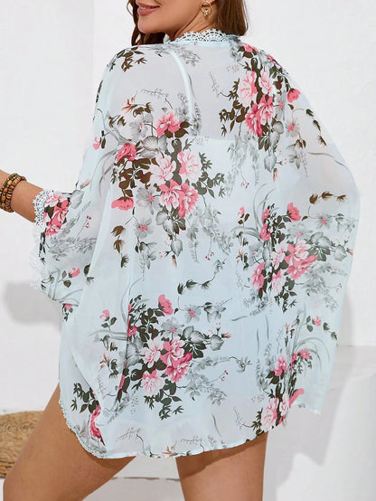 Frenchy Plus Size Summer Floral Printed Lace Trim Kimono Country Festival Outfits Beach Women Outfits