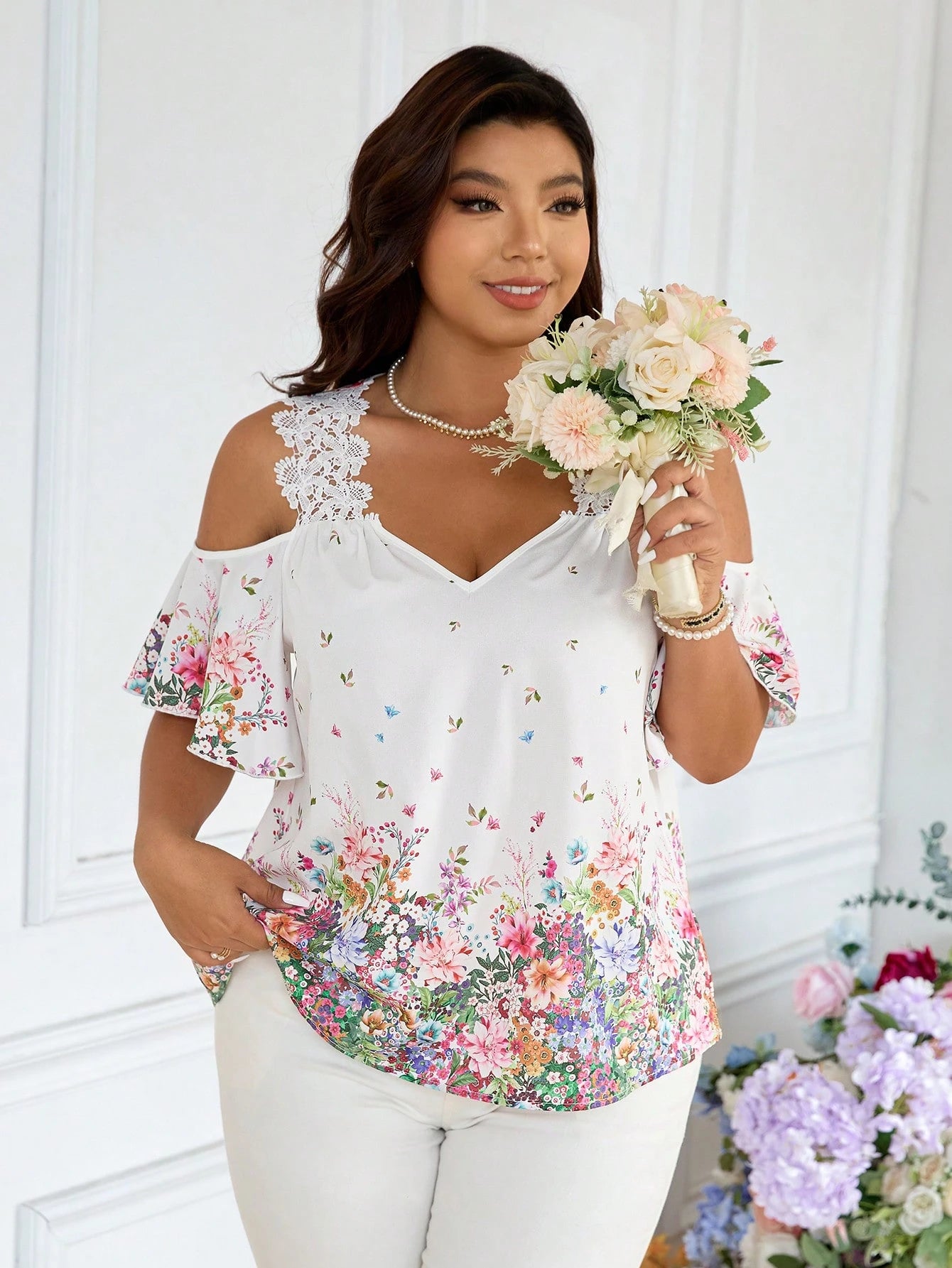 Frenchy Plus Size Women Floral Print Open Shoulder Loose Vacation Blouse Wedding Guest White Summer Elegant